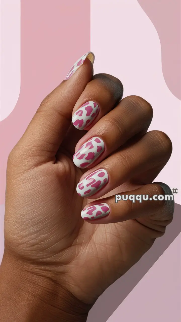 Hand with fingernails painted in white with pink cow-print pattern against a pink geometric background.