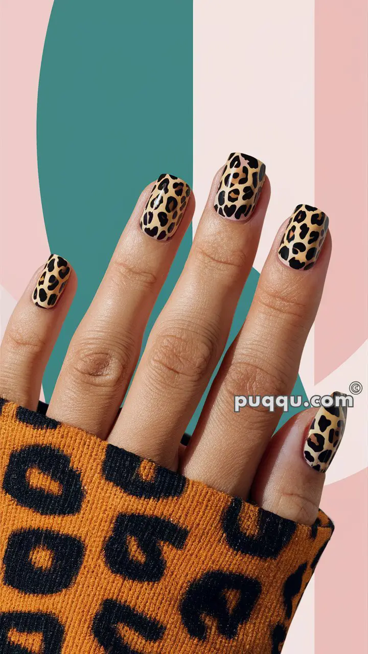 Hand with leopard print nail design, wearing a matching leopard print sleeve, against a geometric background.