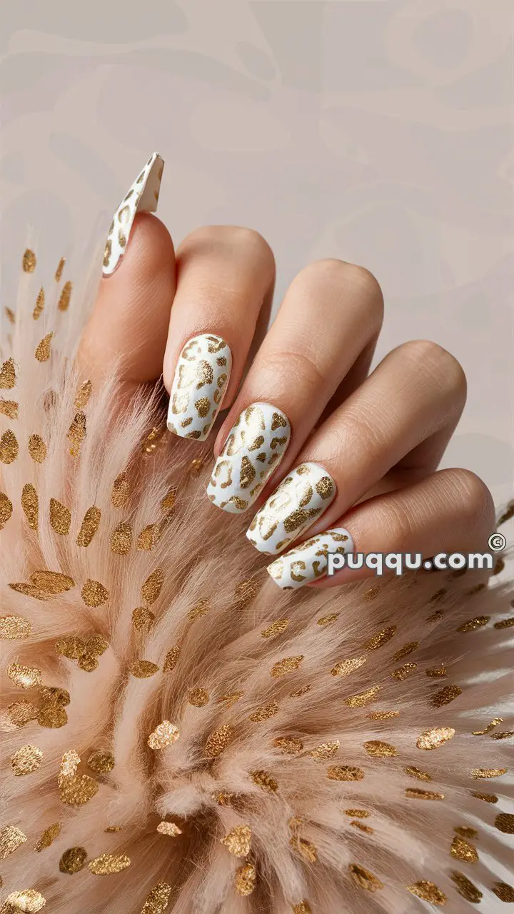 Hand with white and gold glitter leopard print manicure holding a fluffy item with matching gold accents.