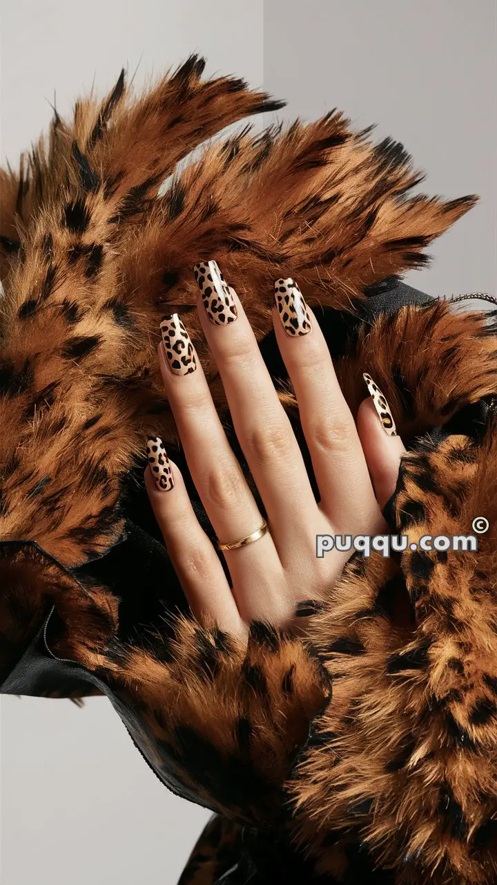 Hand with leopard print nail art and a gold ring, against a background of fur with a similar leopard print pattern.