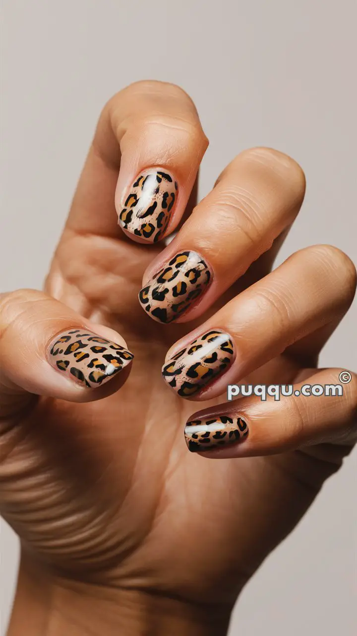 Close-up of a hand with fingernails painted in a leopard print design.