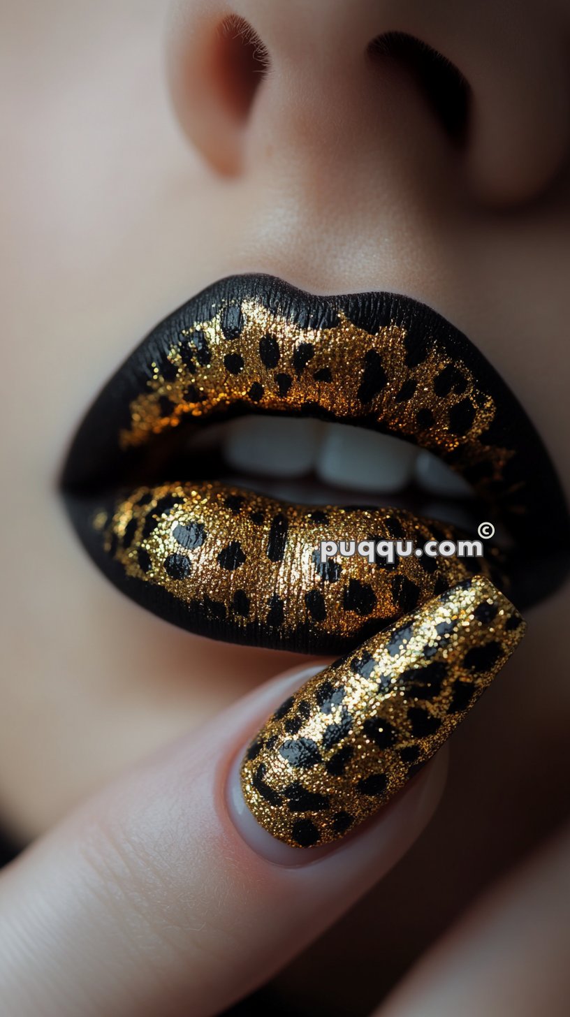 Close-up of lips and a fingernail decorated with gold and black glitter leopard print.