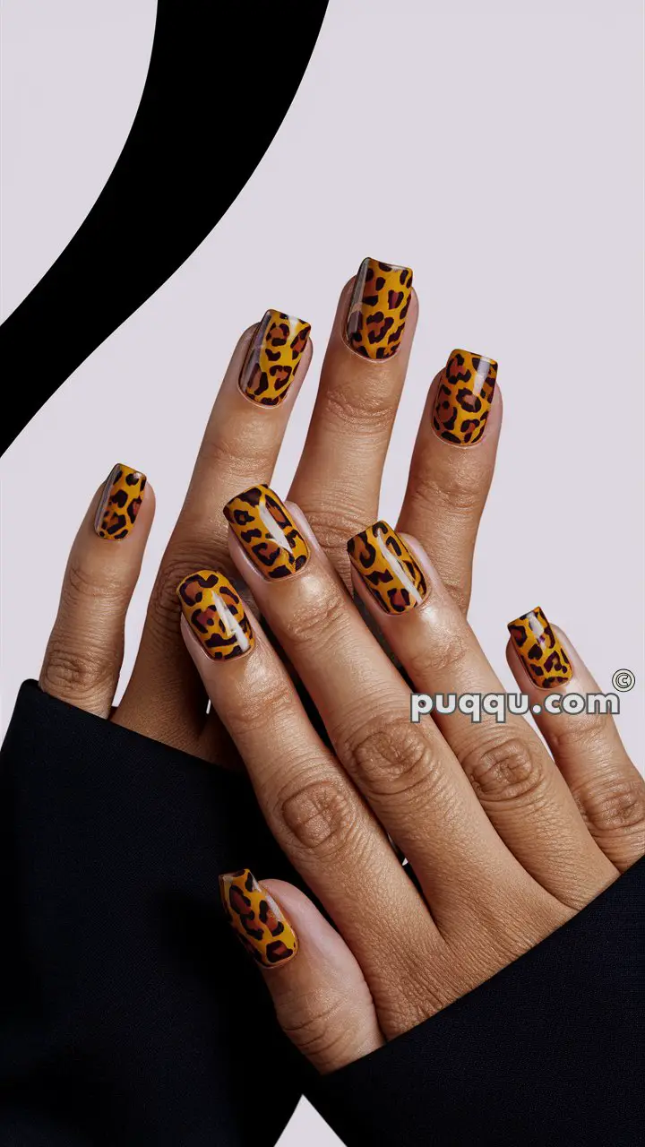 Hands with leopard print nail art.