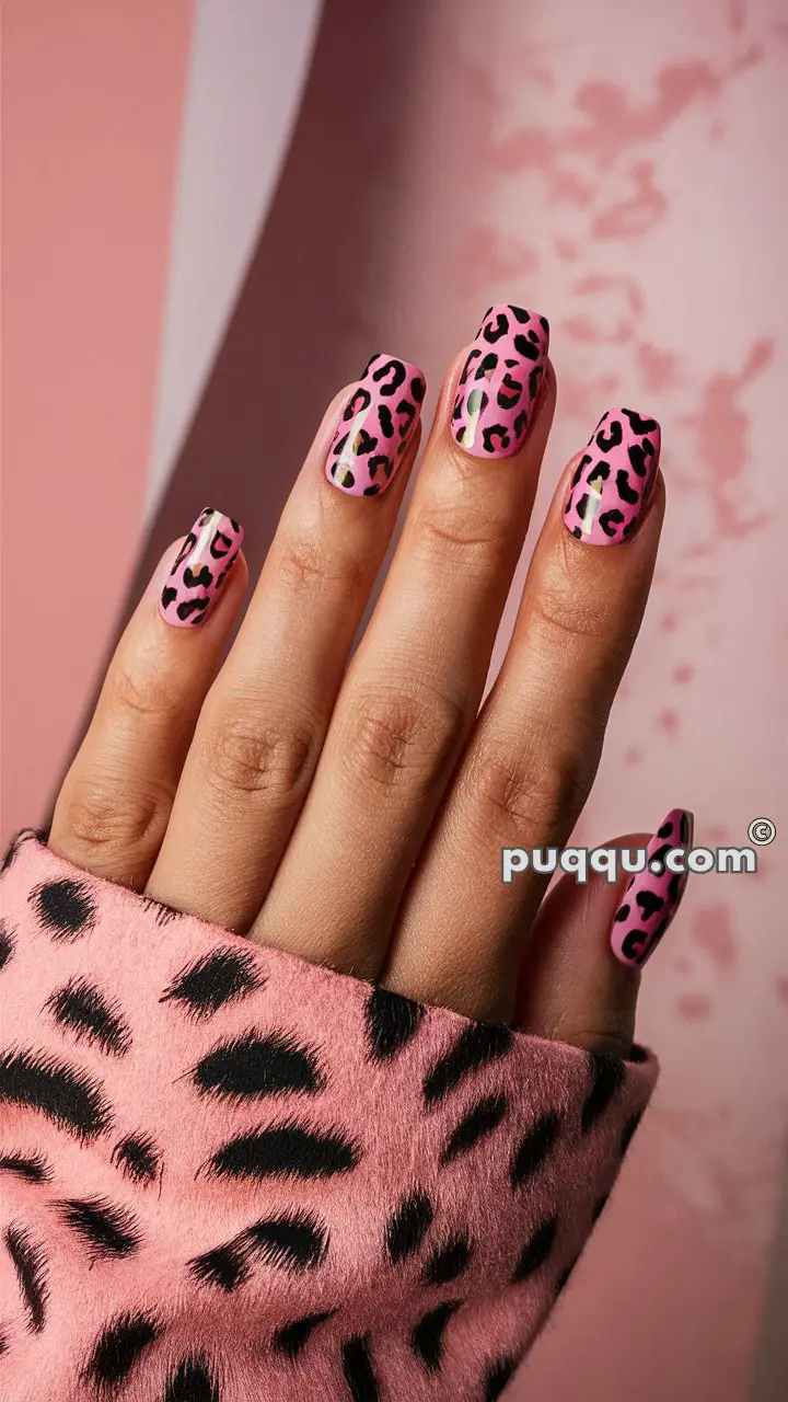 Close-up of a hand with pink and black leopard print nails, wearing a matching pink leopard print fabric.