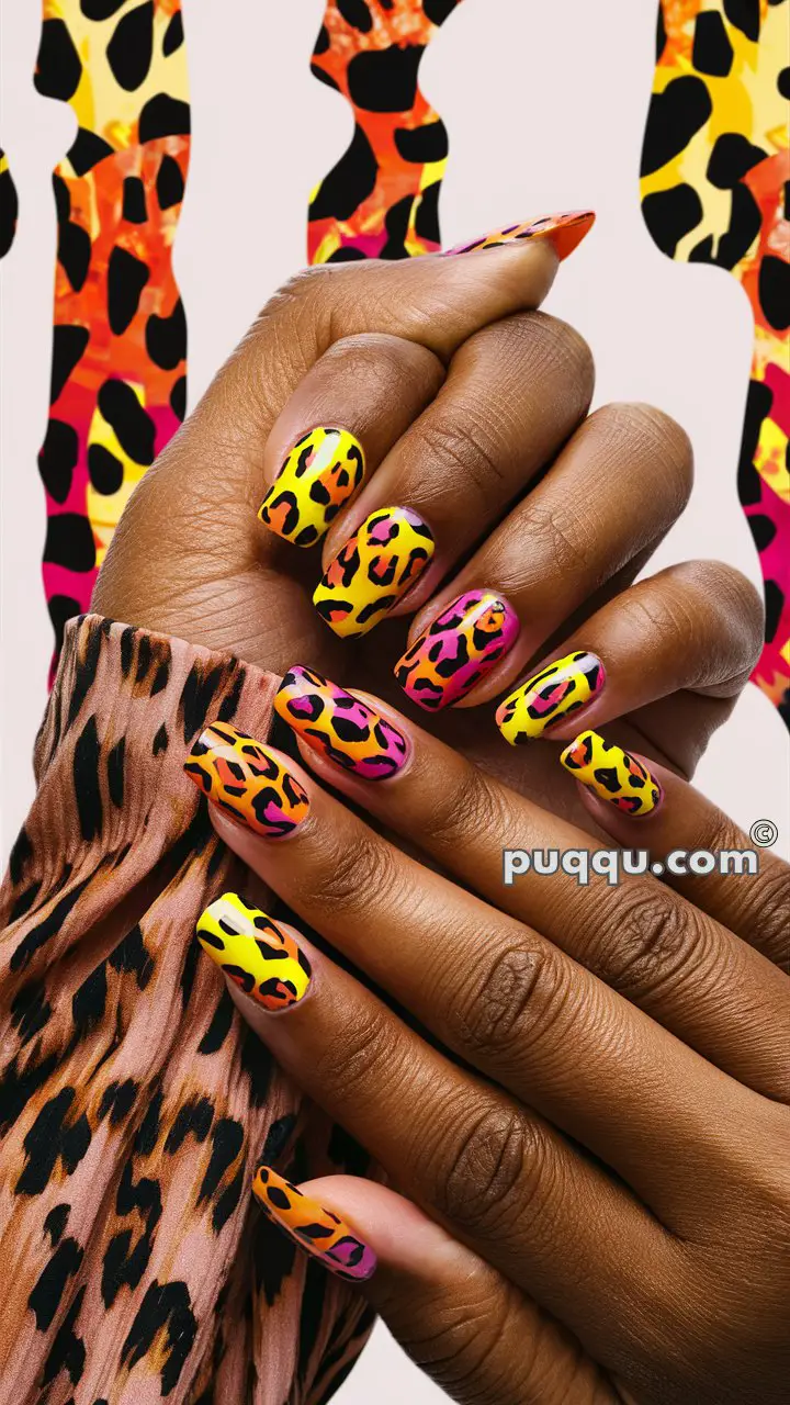 Brightly colored nail art with black leopard spots in yellow, pink, and orange on a set of hands against a colorful leopard print background.