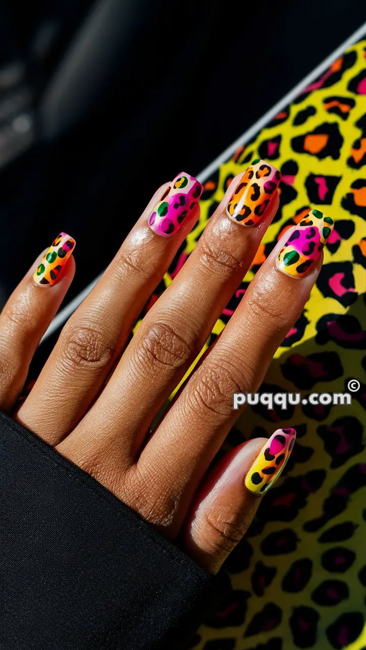 Neon leopard print nail art on a hand, with a matching patterned background.