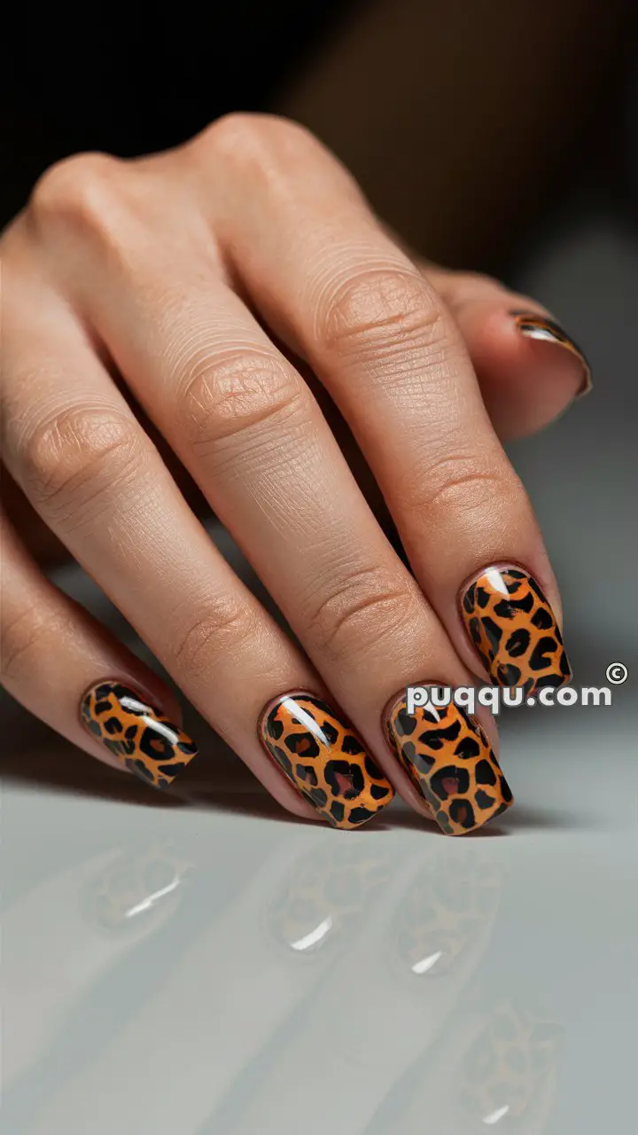 Hand with nails painted in an orange leopard print design.