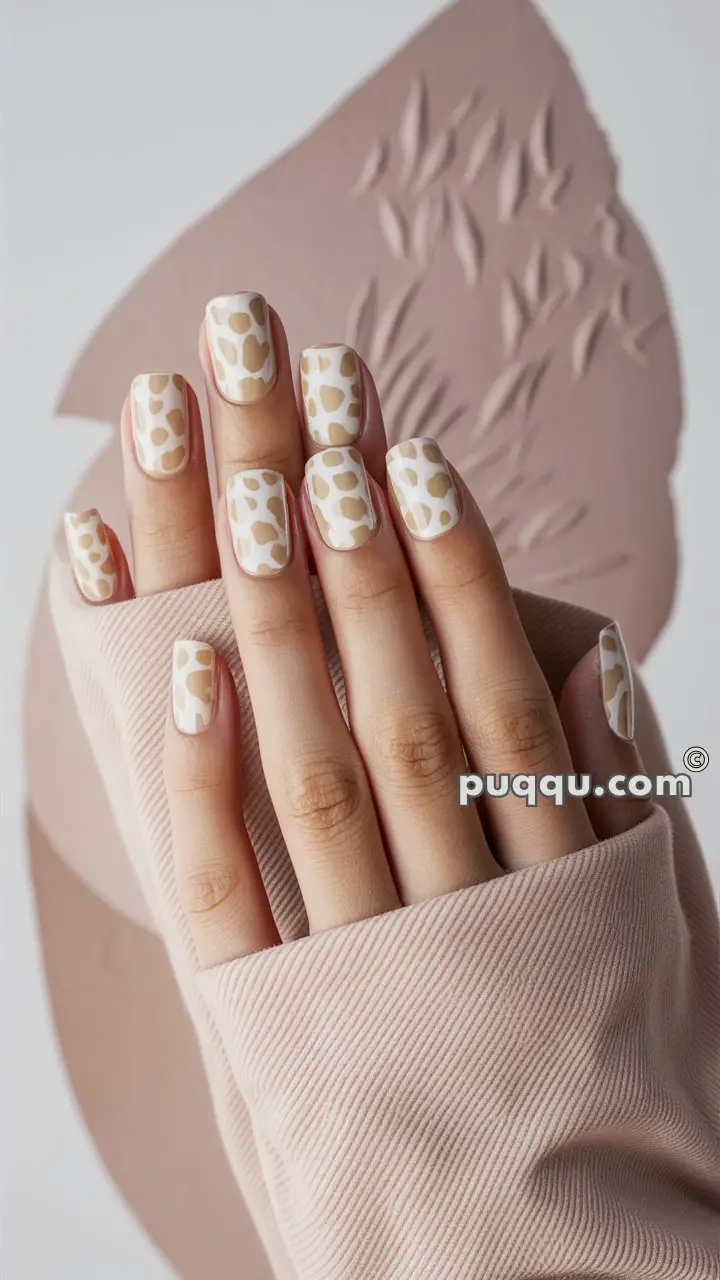 Close-up of hands with beige and white polka dot nail art.