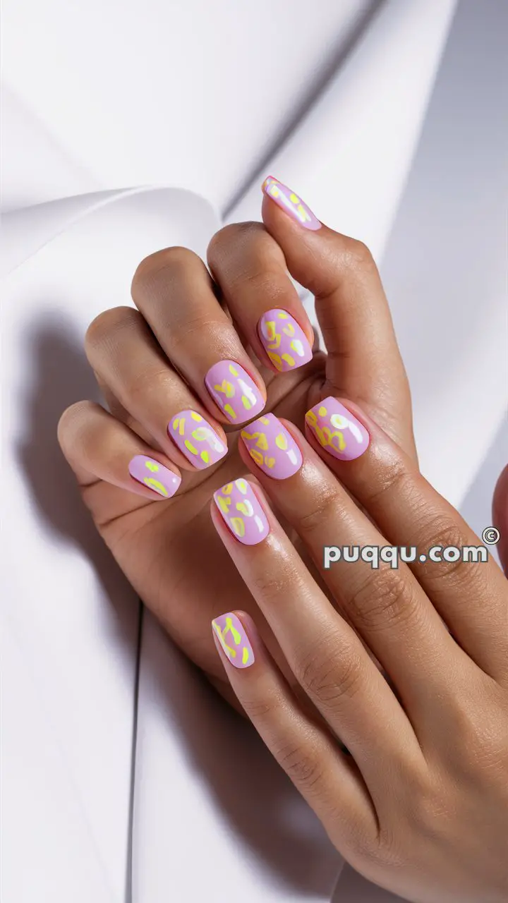 Hands with pastel pink nail polish featuring yellow and white abstract patterns, against a white background.