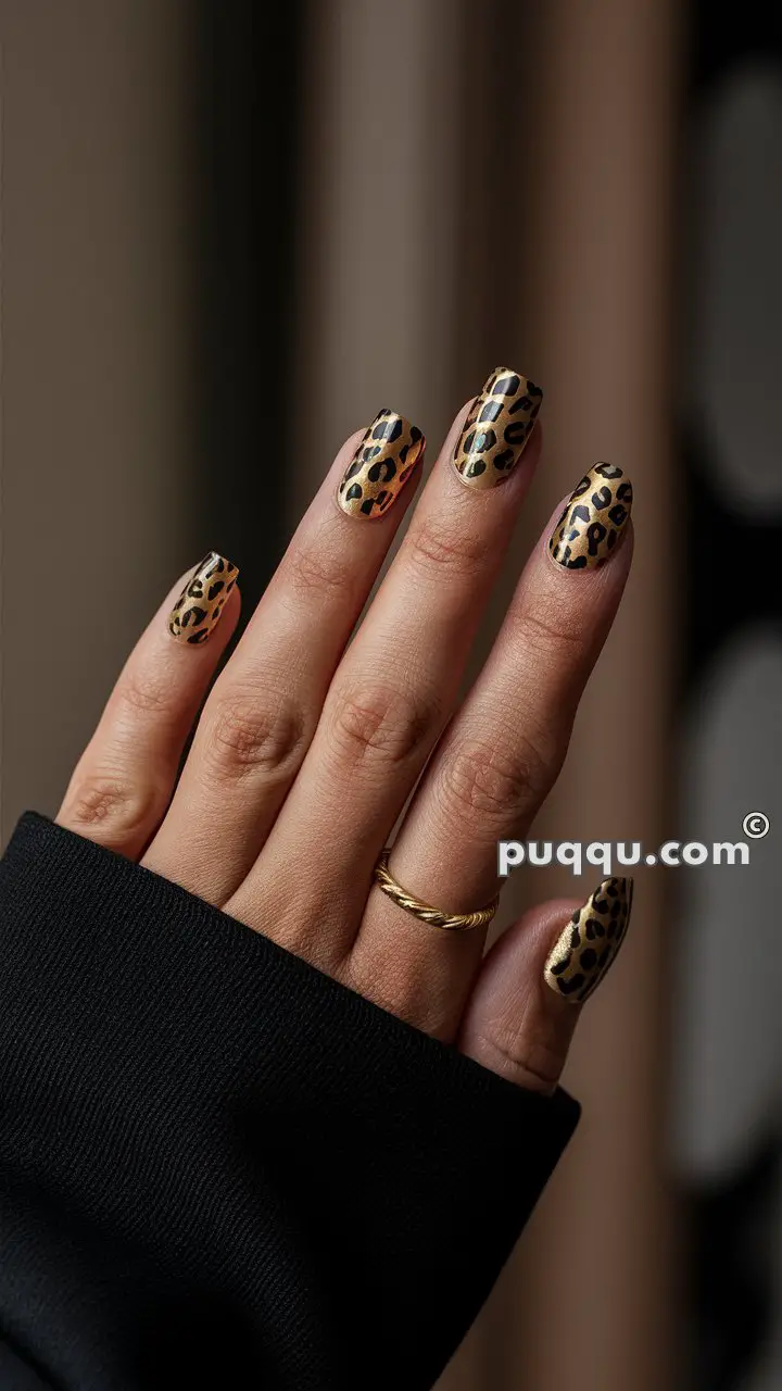 Hand with leopard print nails and a gold twisted ring.