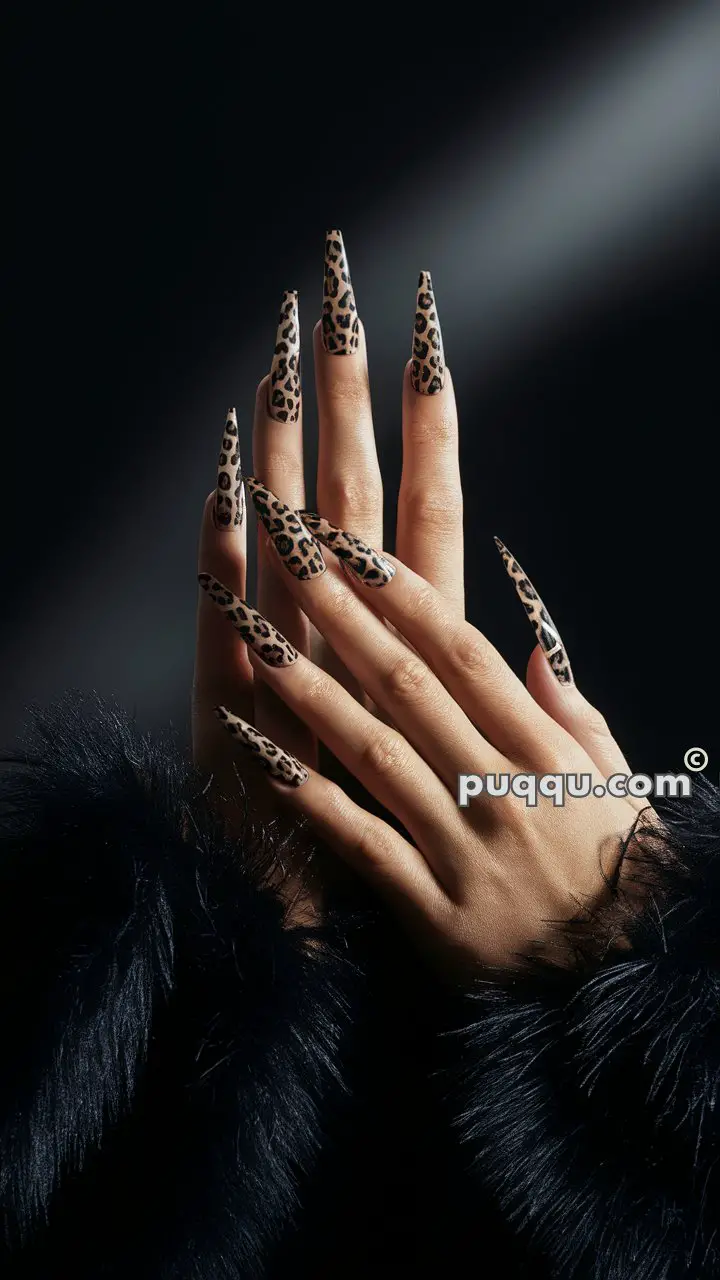 Hands with long leopard-print nails against a dark background, wearing a black fur coat.