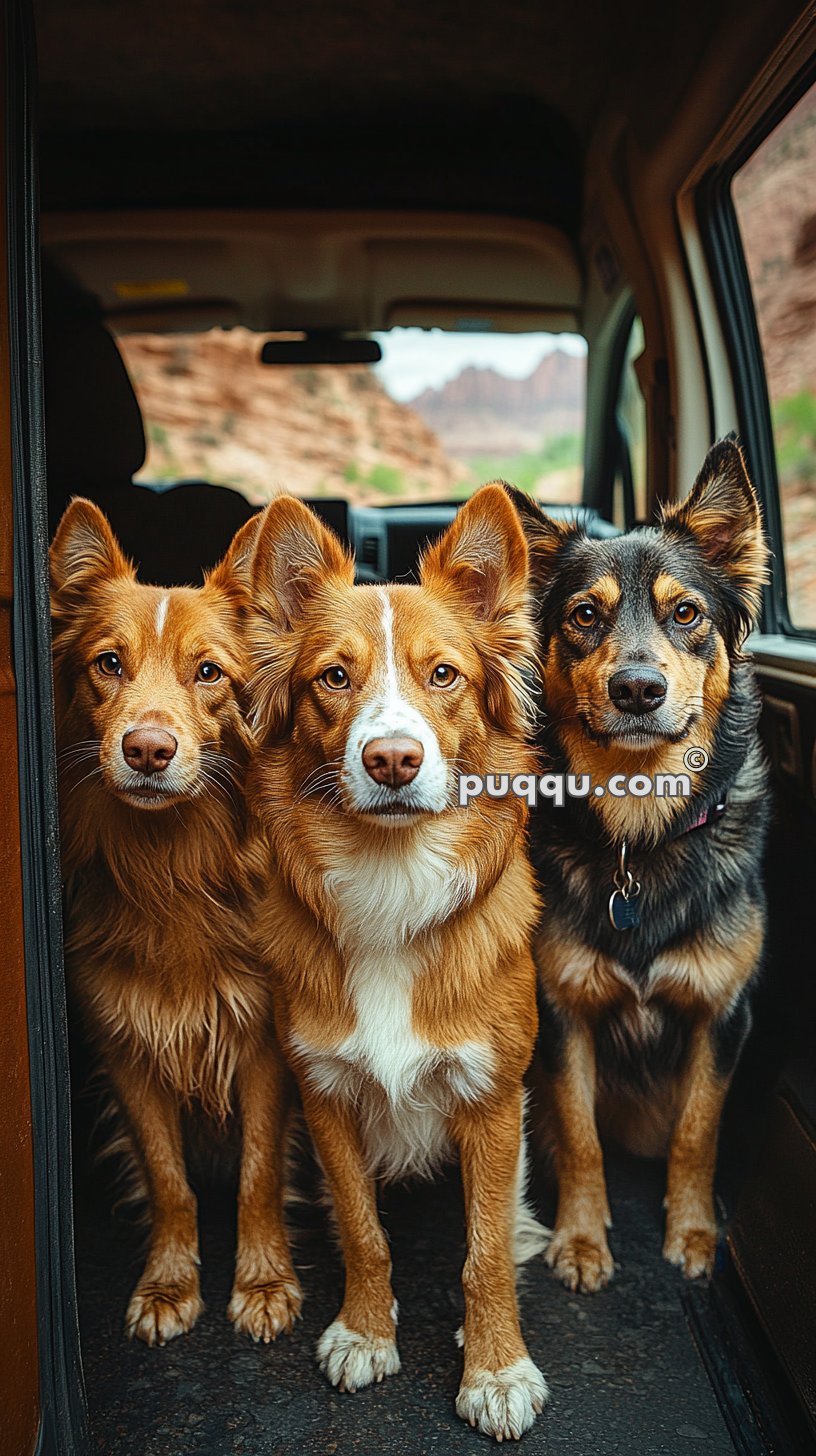 Three dogs standing in the back of a vehicle, looking forward with a scenic background visible through the windows.