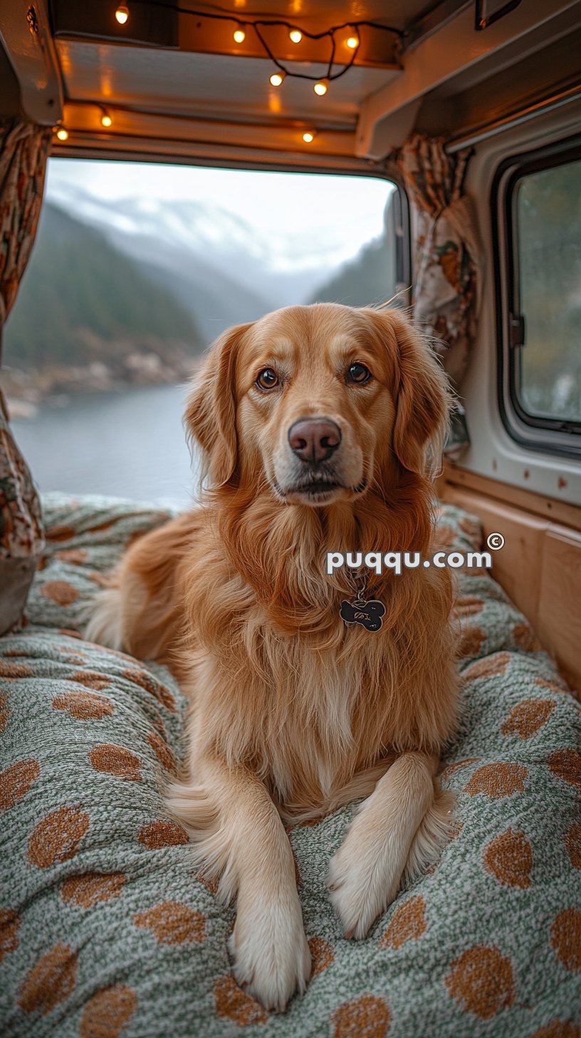 Golden Retriever lying on a blanket inside a cozy campervan with a scenic lake and mountain view in the background, decorated with fairy lights.