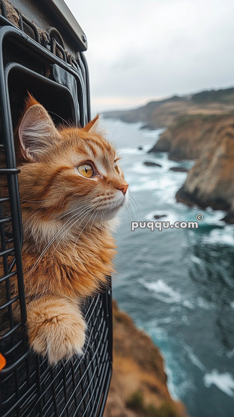 Orange cat inside a carrier looking out at the ocean from a cliffside.