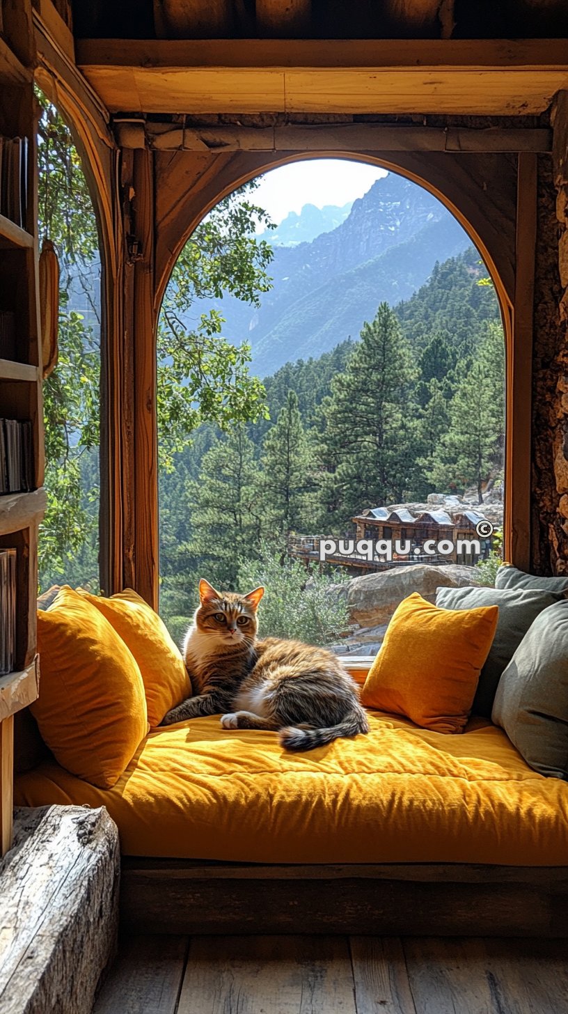 Cat lounging on a yellow cushion in a cozy nook with a window view of a forested mountain landscape.