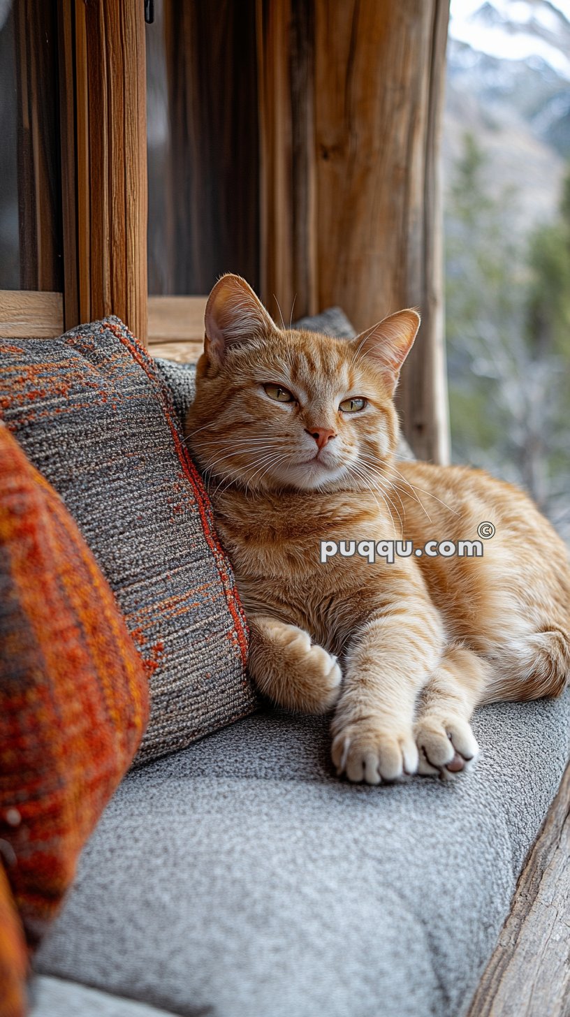 A relaxed orange tabby cat lounges on a gray cushioned bench by a window, with colorful pillows around.