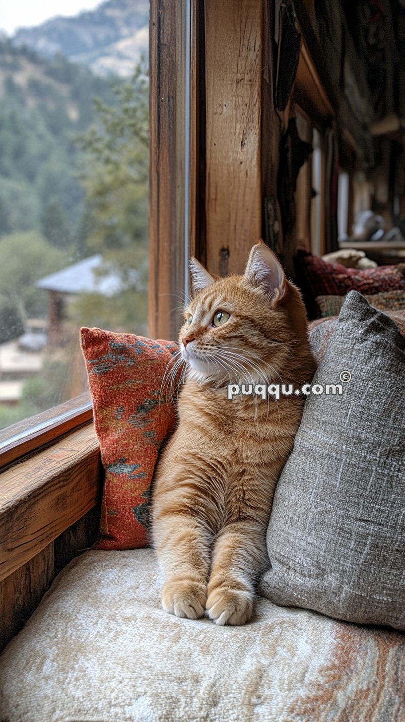 A ginger cat sitting on a cushioned window seat, looking out the window with a mountainous landscape in the background.