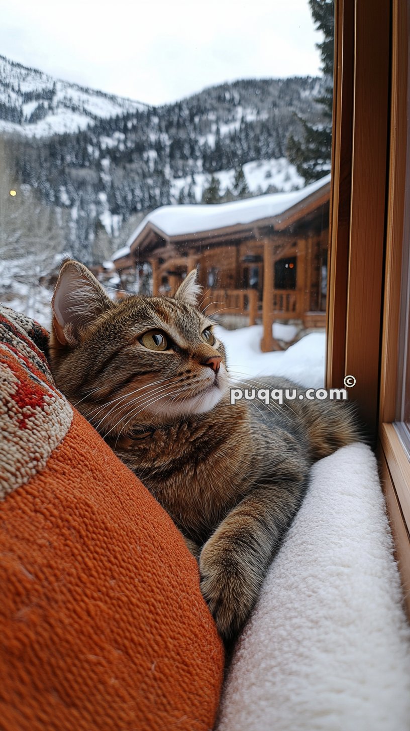 A tabby cat lying on a windowsill, looking outside at a snowy mountain landscape with wooden cabins.