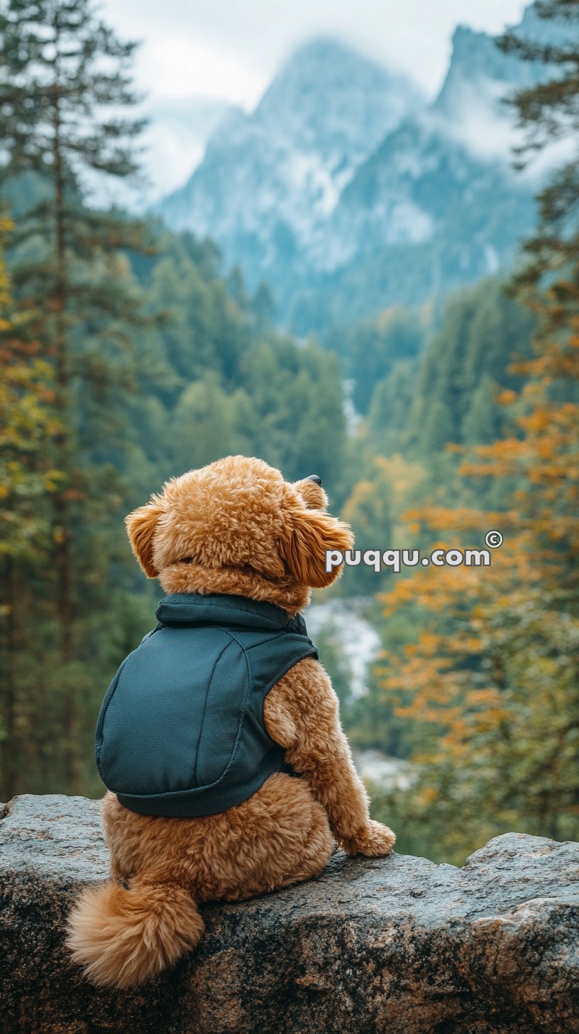 A fluffy dog wearing a jacket sits on a rock, overlooking a scenic, mountainous landscape surrounded by trees.