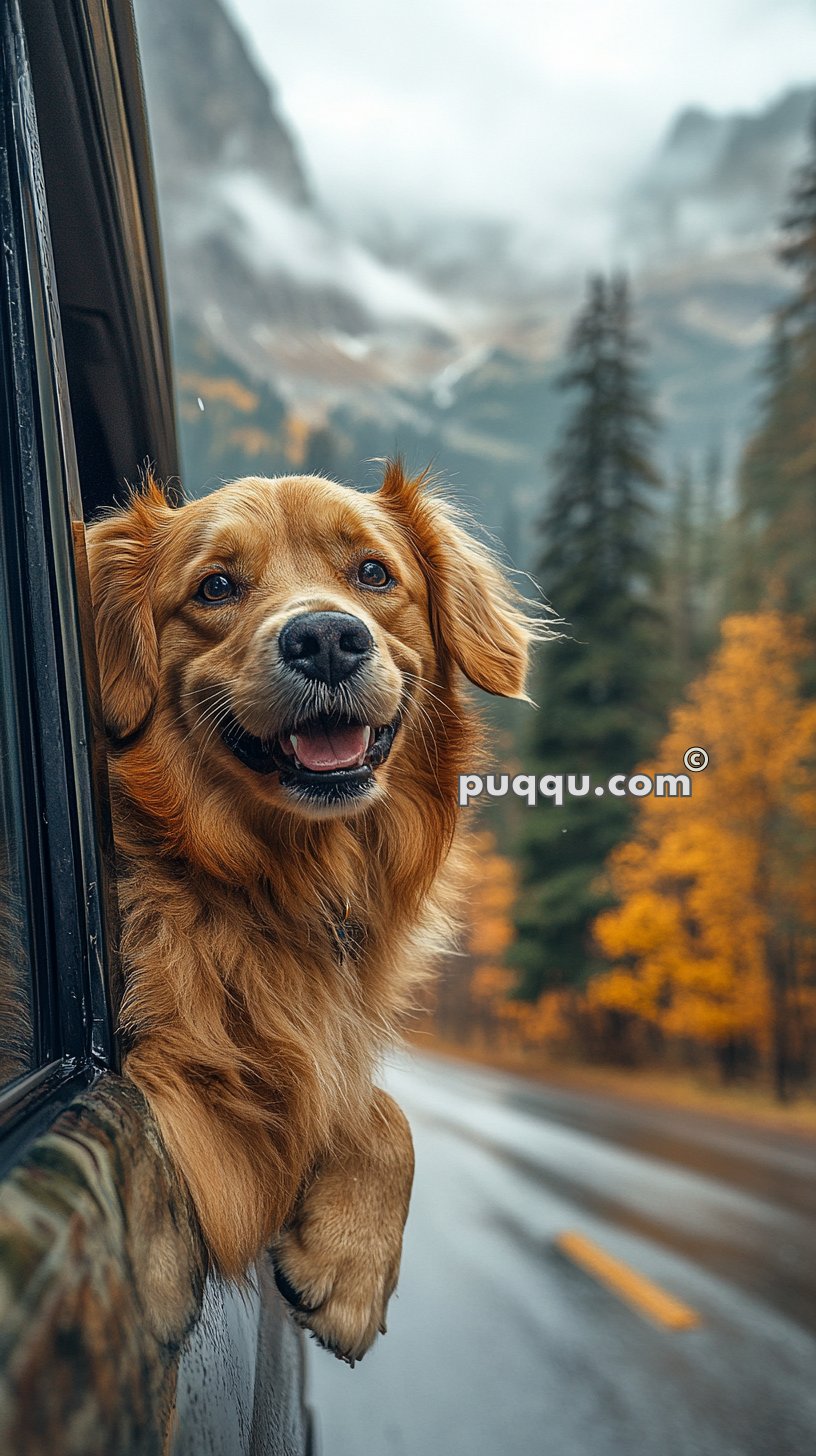 Golden retriever sticking its head out of a car window on a scenic mountain road with fall foliage.