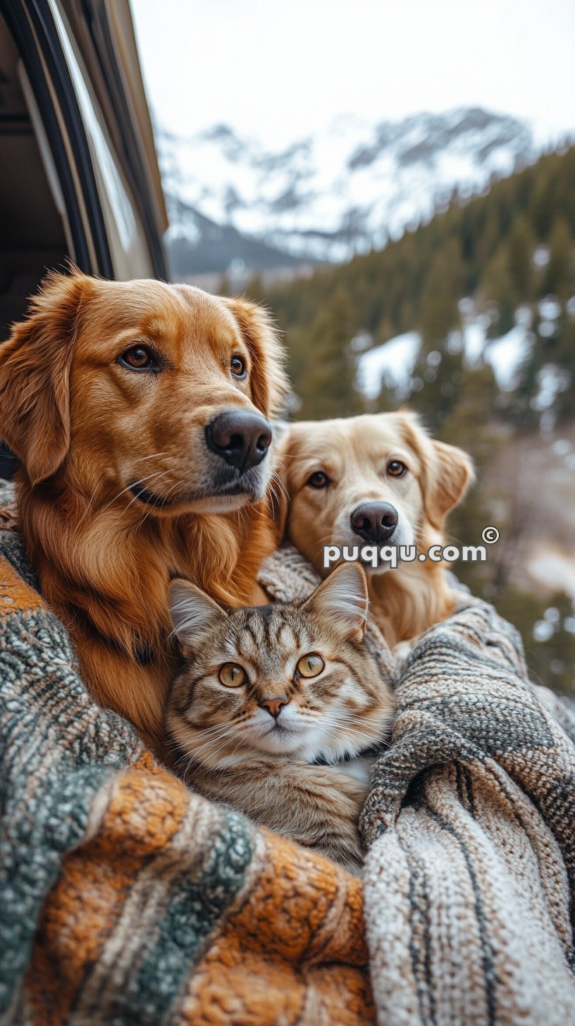 Two dogs and a cat wrapped in a blanket, with snowy mountains in the background.