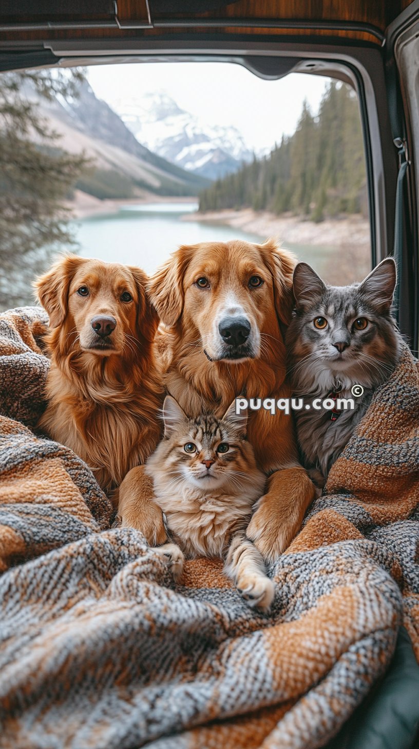 Two golden retrievers and two cats cuddled together on a blanket inside a camper van with a scenic snowy mountain and lake view outside.