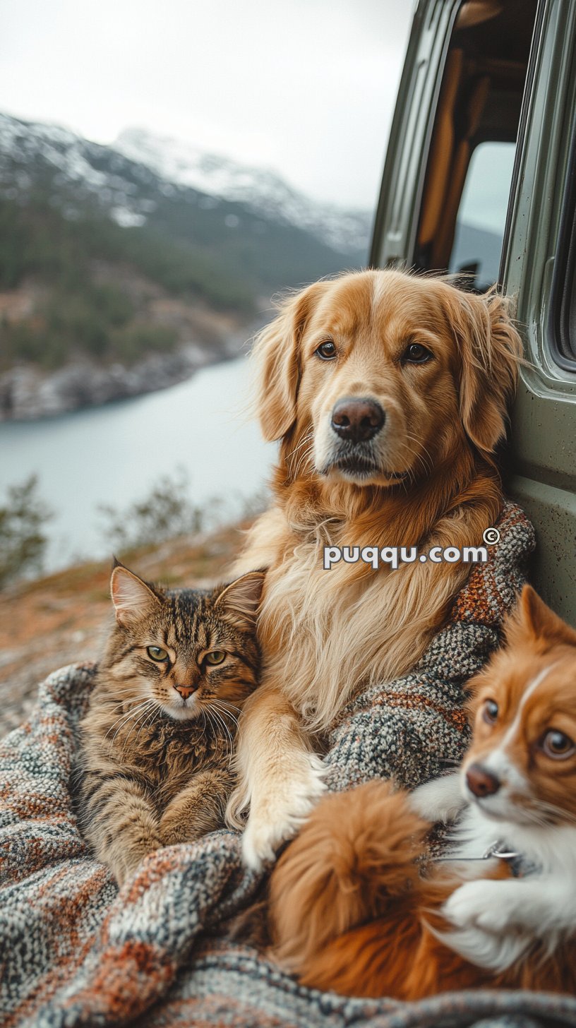 A dog, a cat, and another small dog sitting on a blanket near an outdoor scene with trees and mountains in the background.