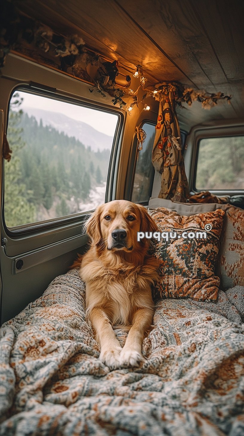 Golden retriever lying on a cozy bed inside a van decorated with string lights, with a scenic forest view visible outside the window.