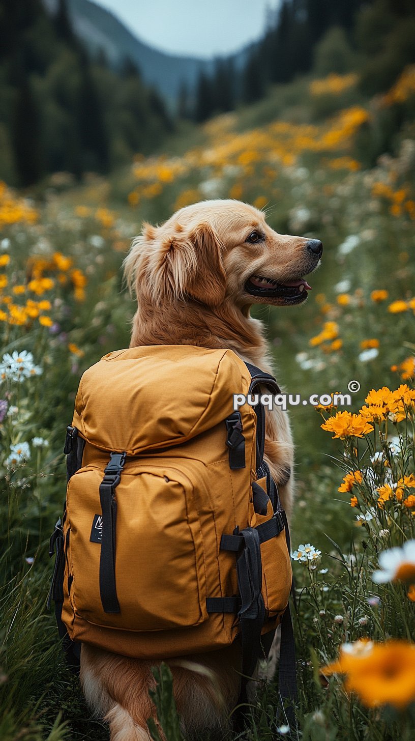 Golden retriever wearing a yellow backpack in a meadow with yellow and white flowers.