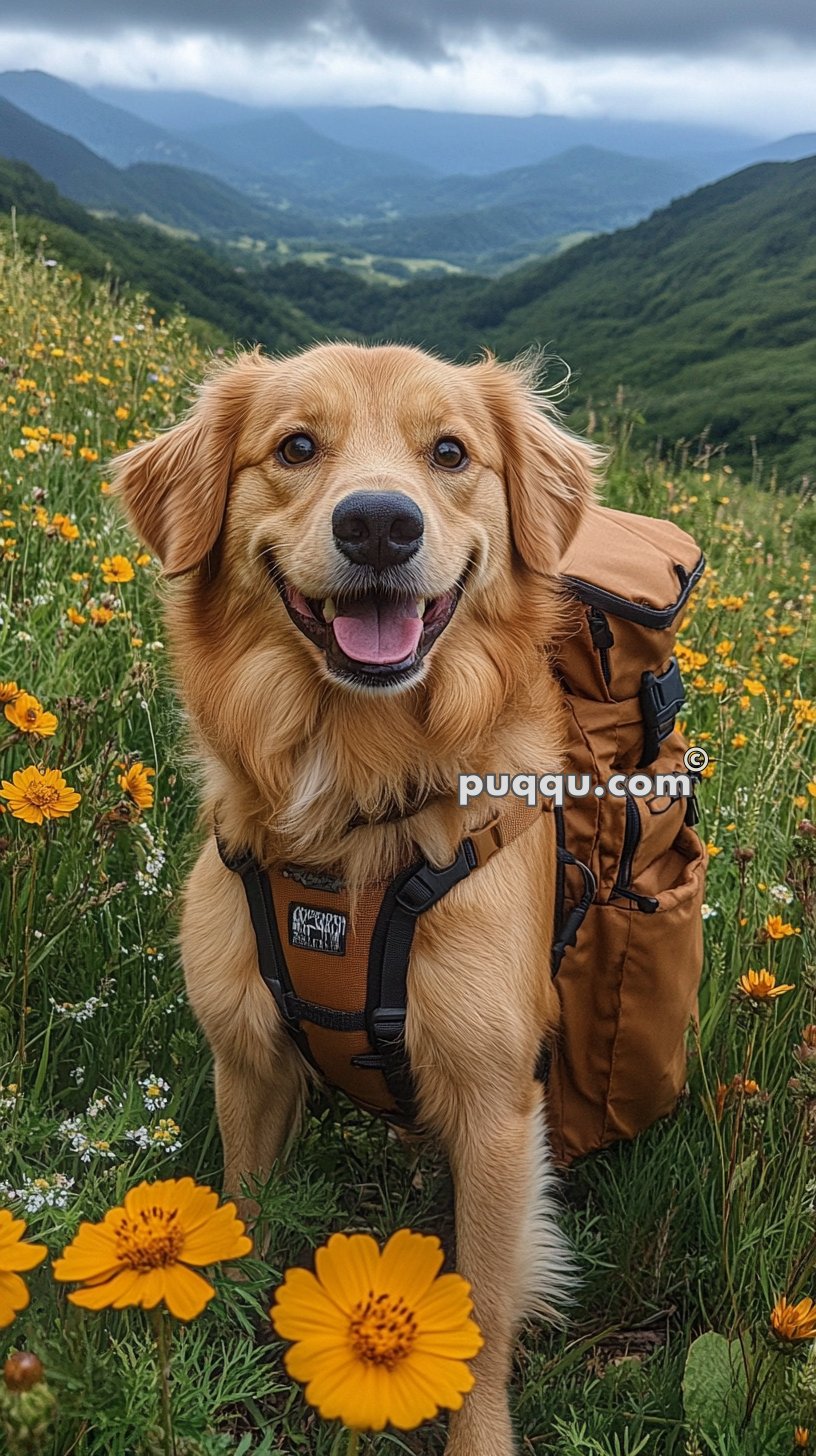 Golden retriever with a brown backpack standing in a field of yellow flowers with mountains in the background.