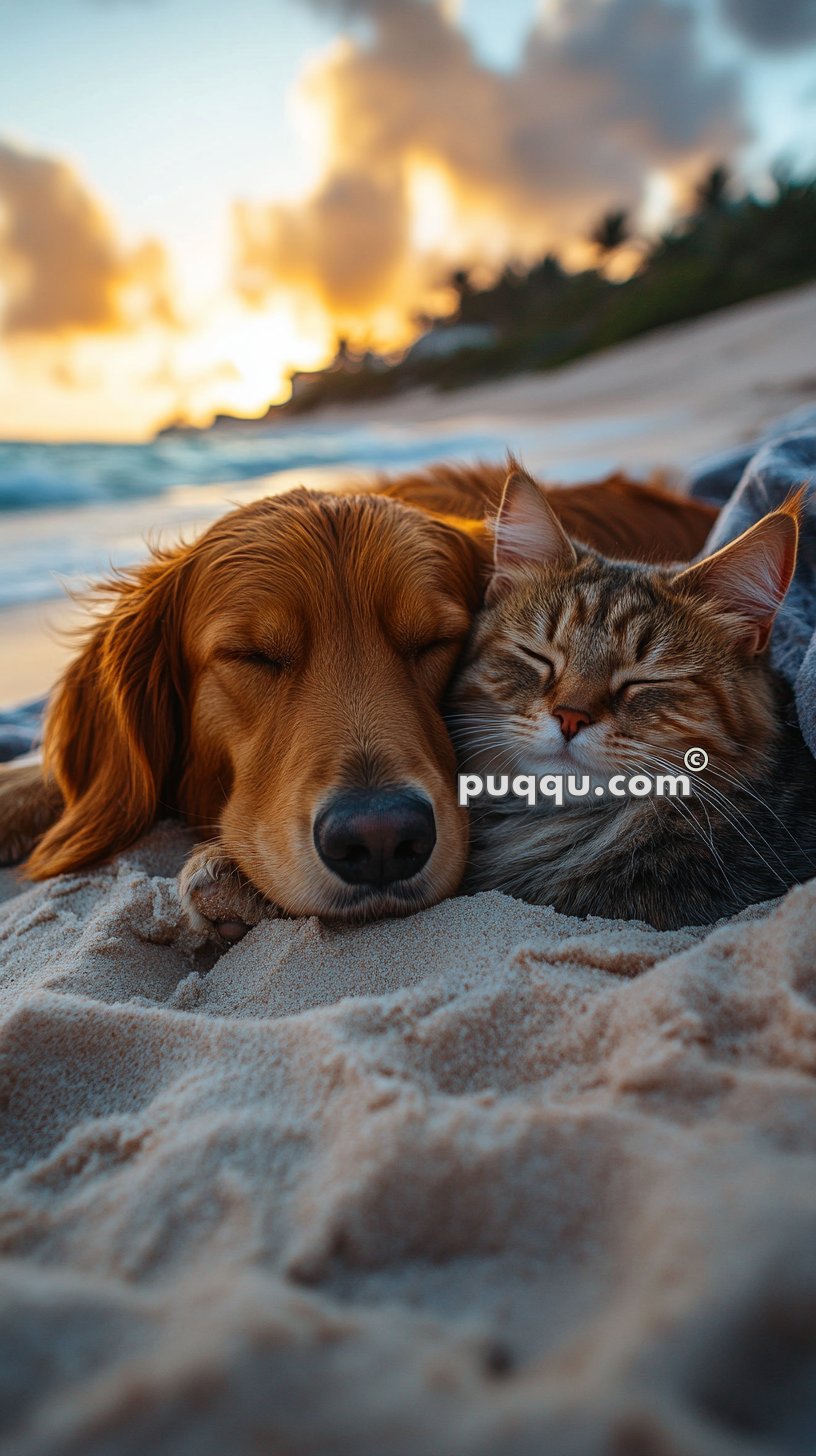 A dog and a cat snuggling together on a sandy beach at sunset.