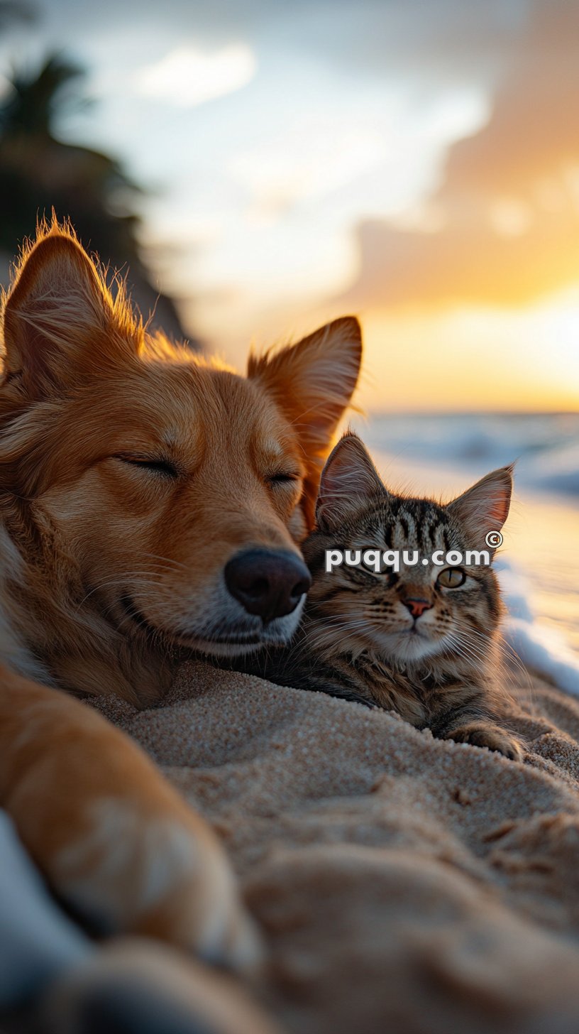 A dog and a cat cuddling on a sandy beach at sunset.