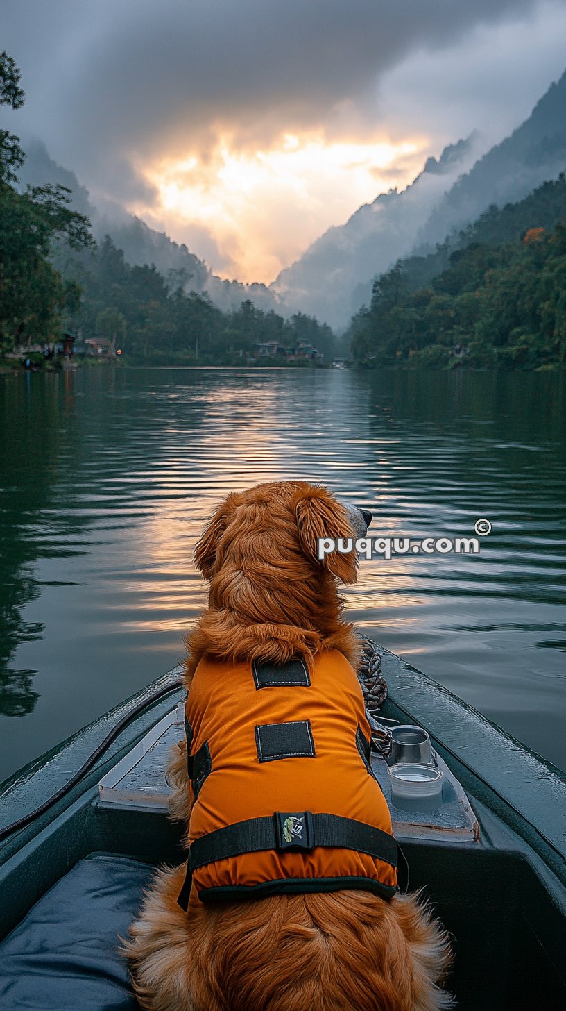 A dog wearing an orange life vest sits in a boat, facing a serene lake surrounded by trees and mountains, with a dramatic cloudy sky illuminated by the setting sun.