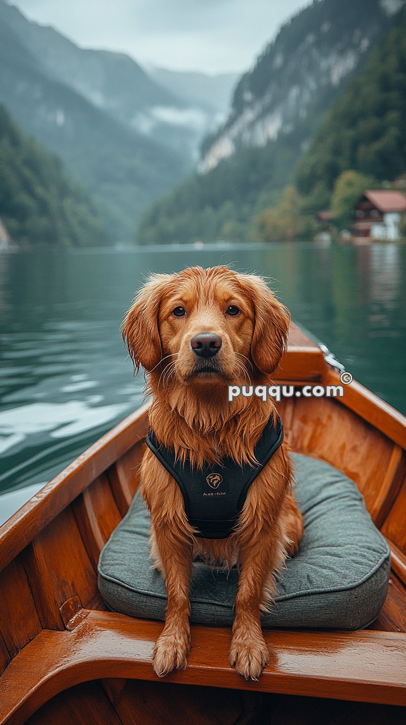 Golden retriever sitting on a boat on a lake with mountainous scenery in the background.