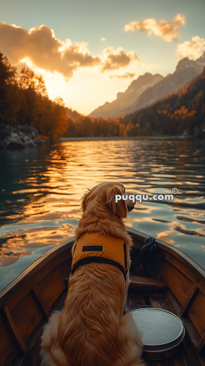 Golden retriever wearing a life jacket sitting in a boat on a lake during sunset, with mountains and forest in the background.