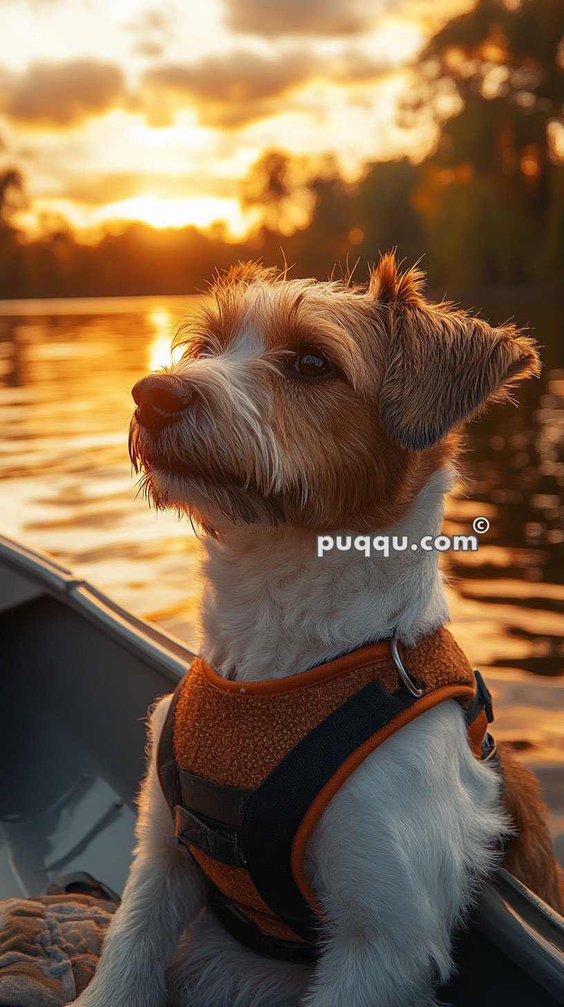 A small dog wearing an orange harness sits in a boat on a lake during sunset.