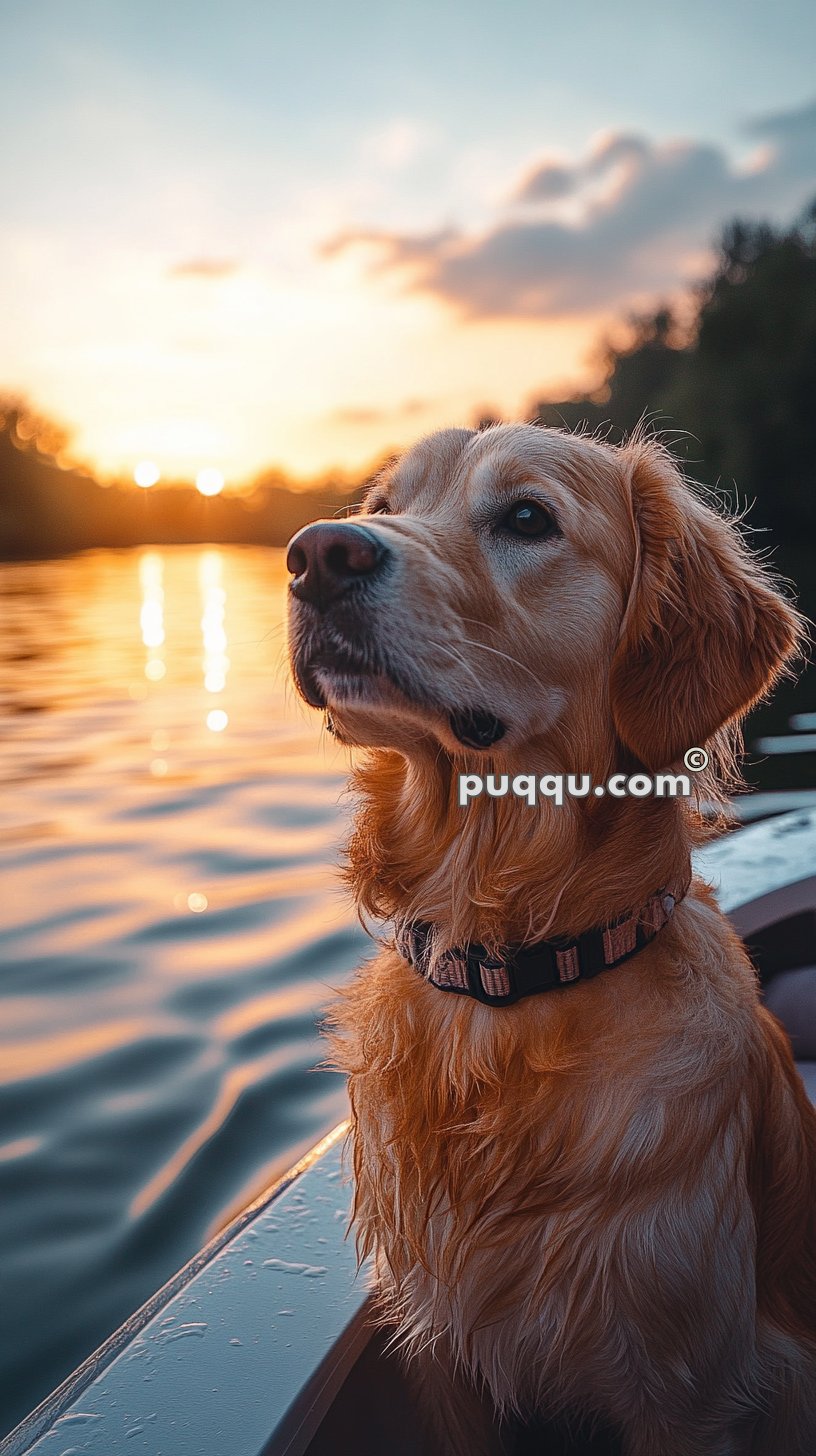 Golden retriever sitting on a boat during sunset.