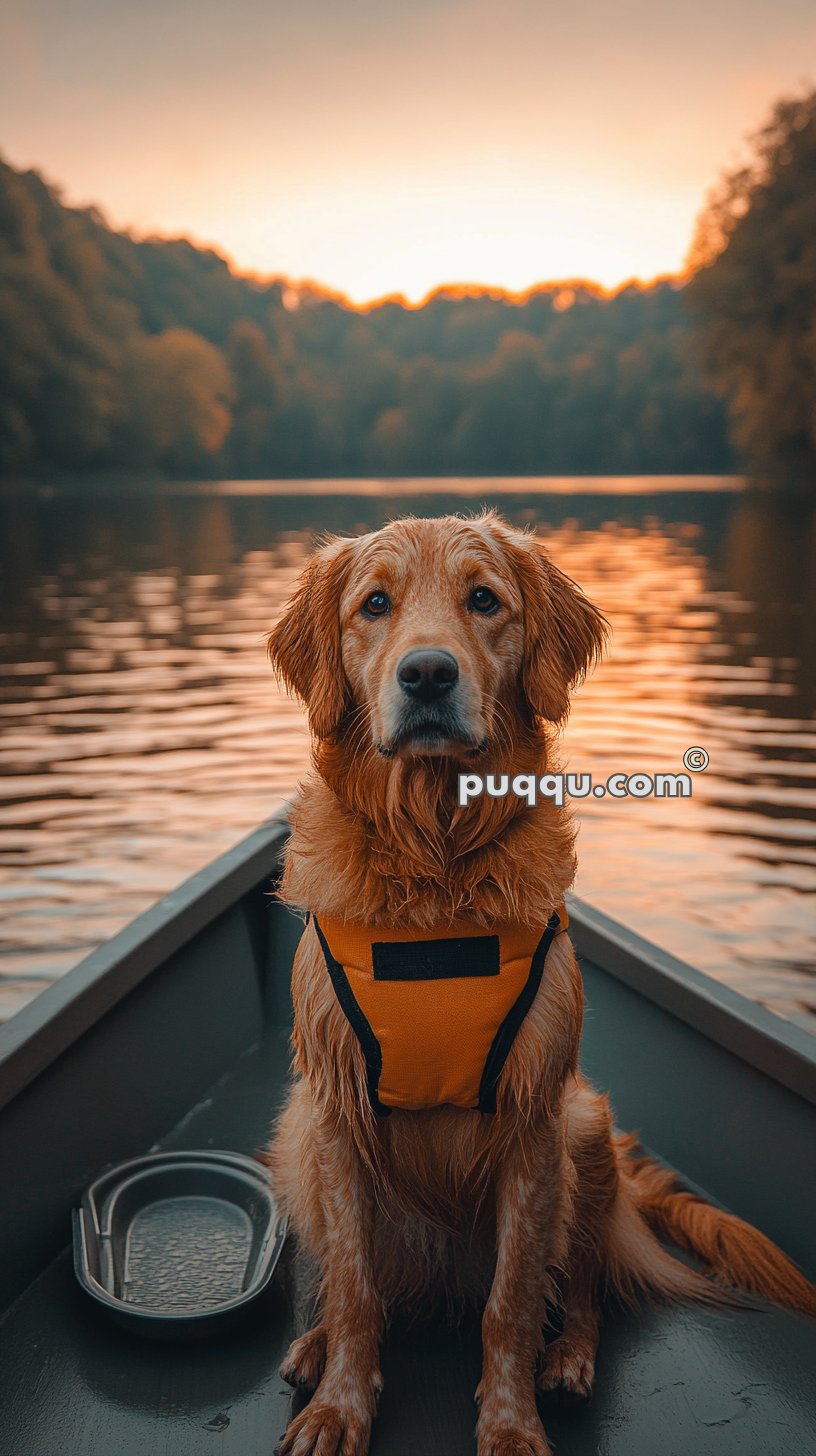 Golden retriever wearing a life jacket sits in a boat on a lake at sunset.