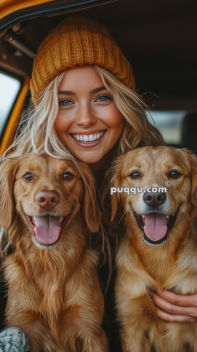 Woman with long blonde hair wearing a yellow knit beanie, smiling with two happy golden retrievers.