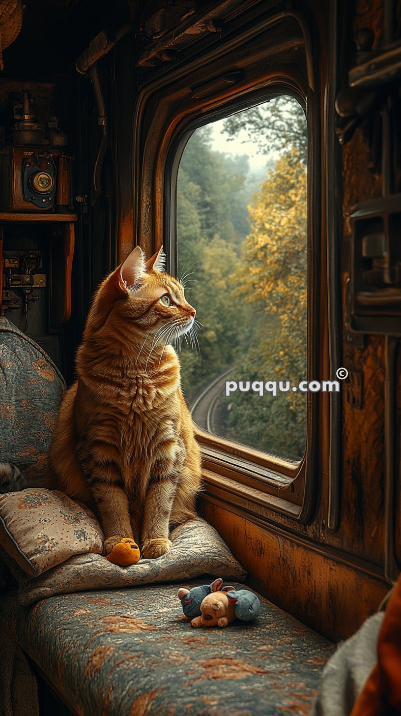 A tabby cat sits on a cushioned bench inside a train, gazing out the window at a scenic view of trees.