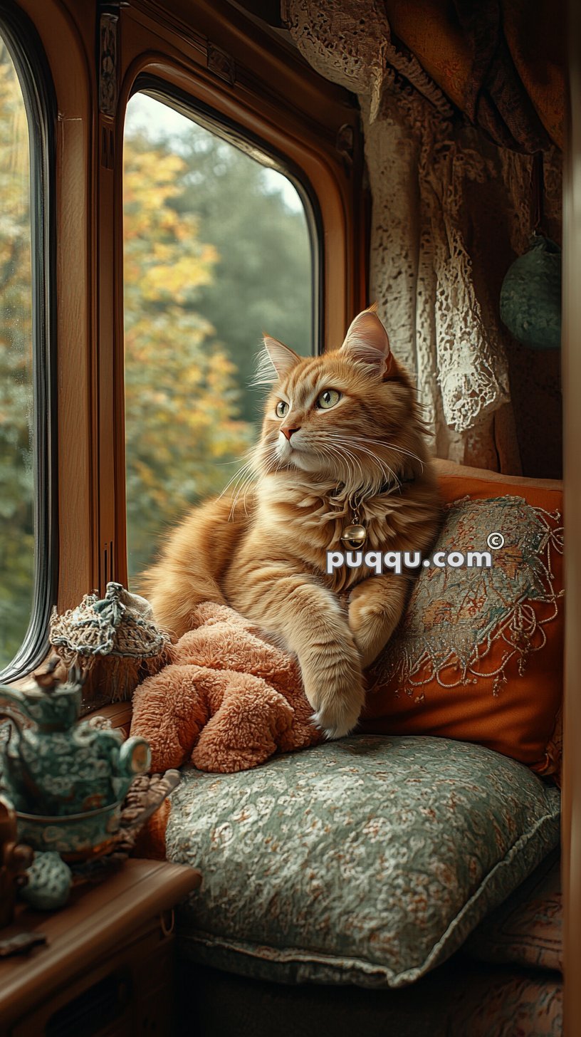 A fluffy orange cat with a bell collar rests on a decorative cushion by a window, gazing outside.