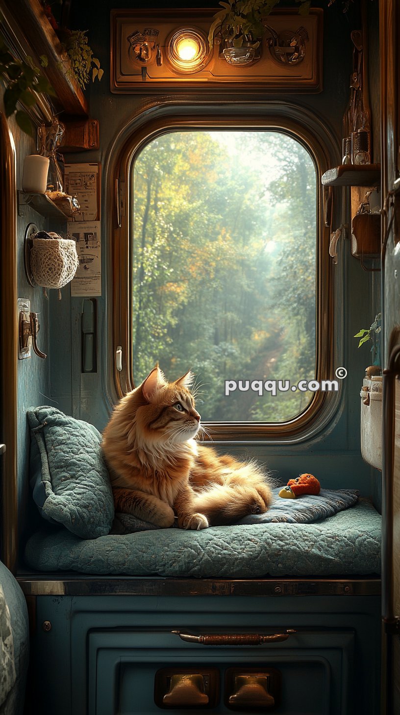 A fluffy orange cat lays on a cushioned windowsill inside a cozy room, gazing out at a sunlit forest scene.