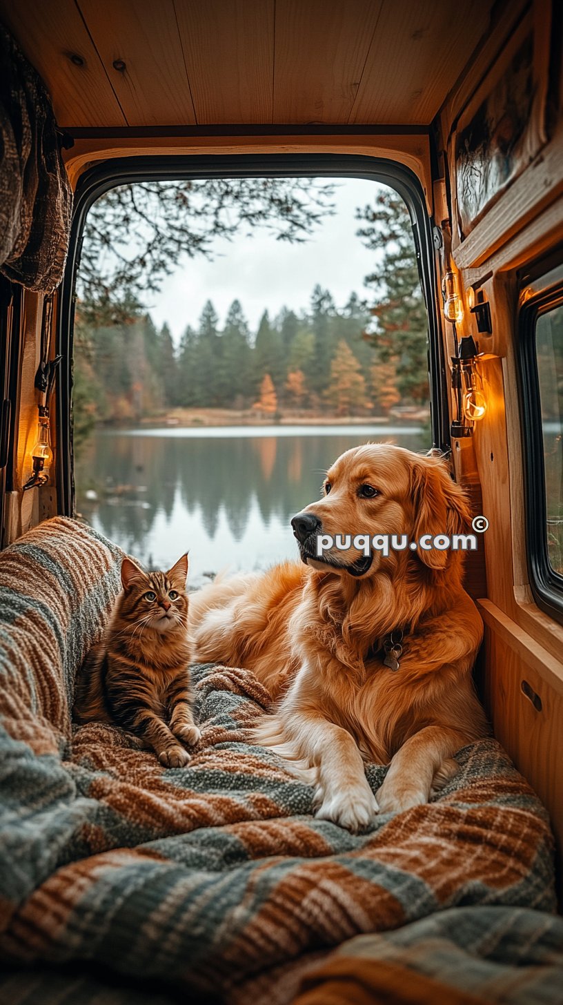 A dog and a cat lounging on a blanket inside a cozy camper van, with a scenic lake and forest visible through the open back door.