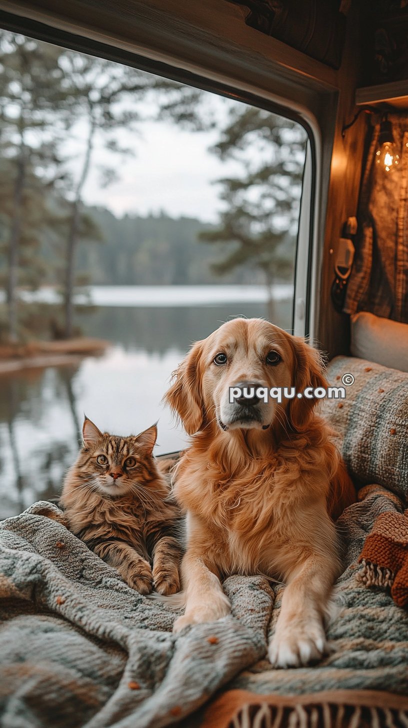 A cat and a dog lying on a blanket inside a camper van with a view of a serene lake and trees outside the window.