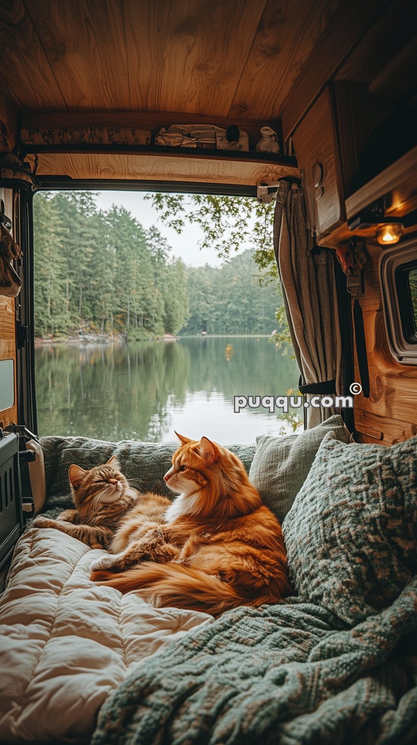 Two cats lounging comfortably on a cozy blanket inside a camper van with a scenic view of a lake and forest through the open door.