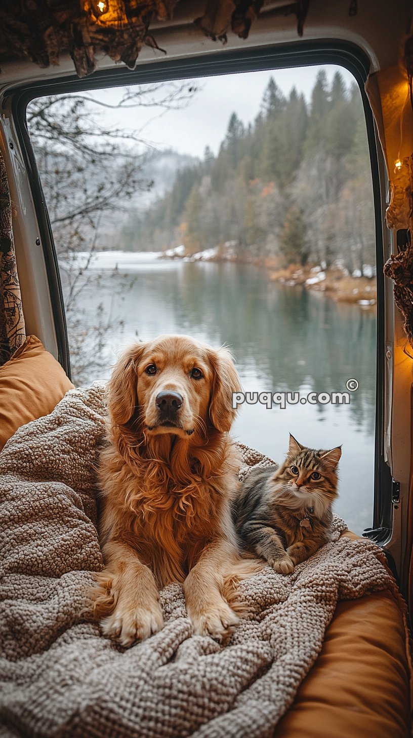 Golden retriever and tabby cat lying on a blanket inside a van, with a scenic view of a lake and pine trees outside the van’s door.