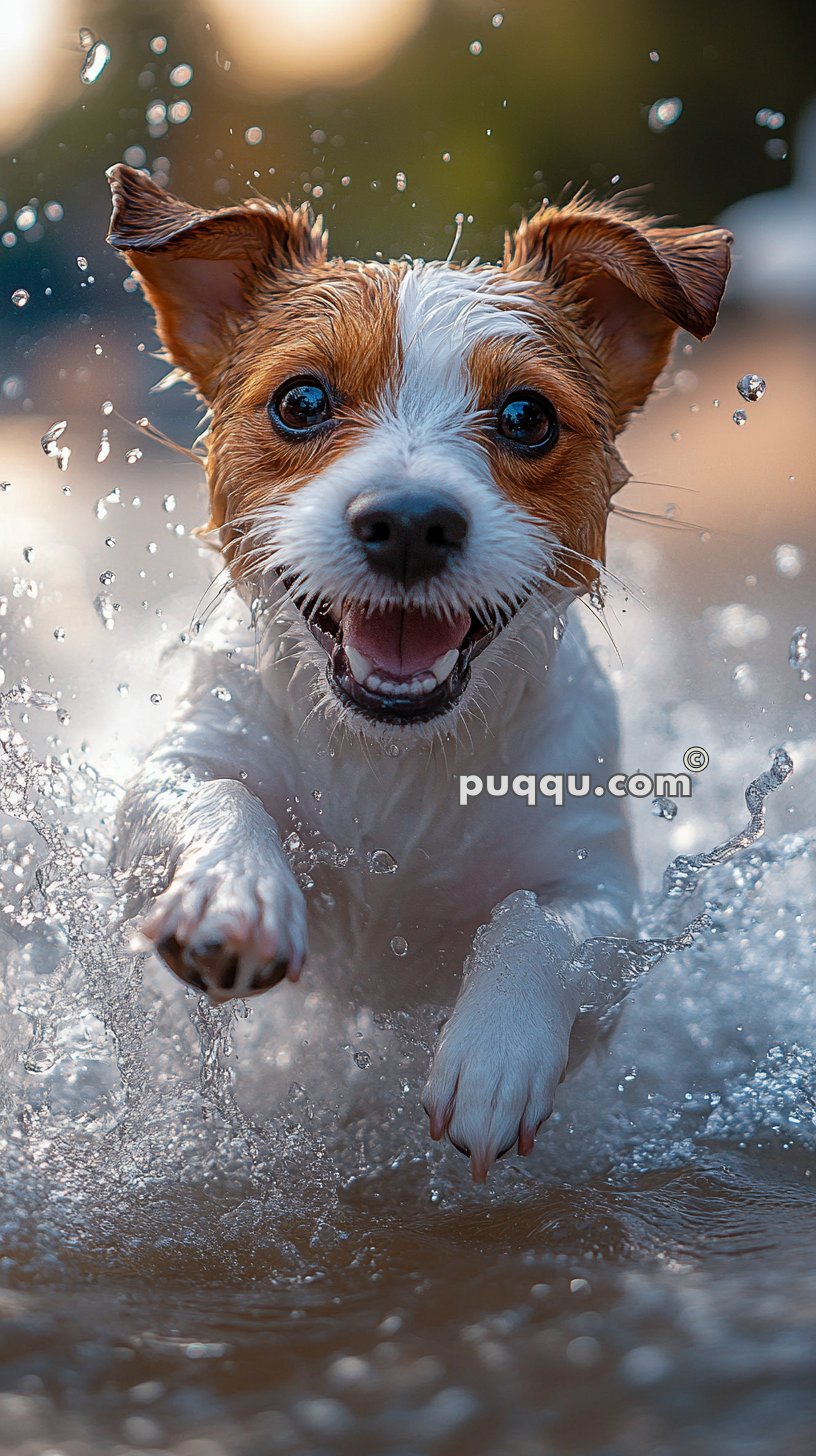 Happy dog running through water with droplets splashing around.