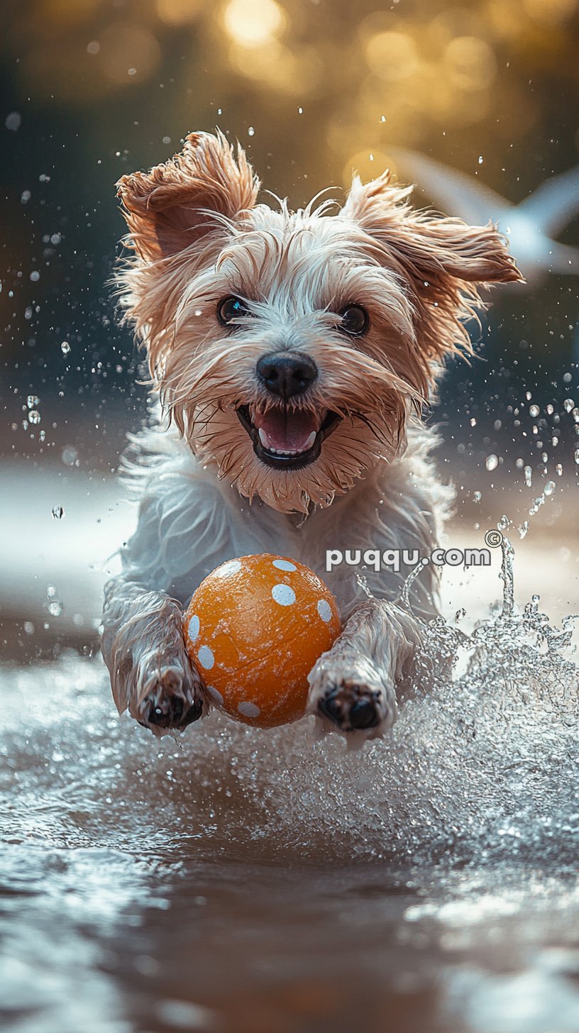 A small dog joyfully running through water with an orange and white polka-dotted ball in its mouth.