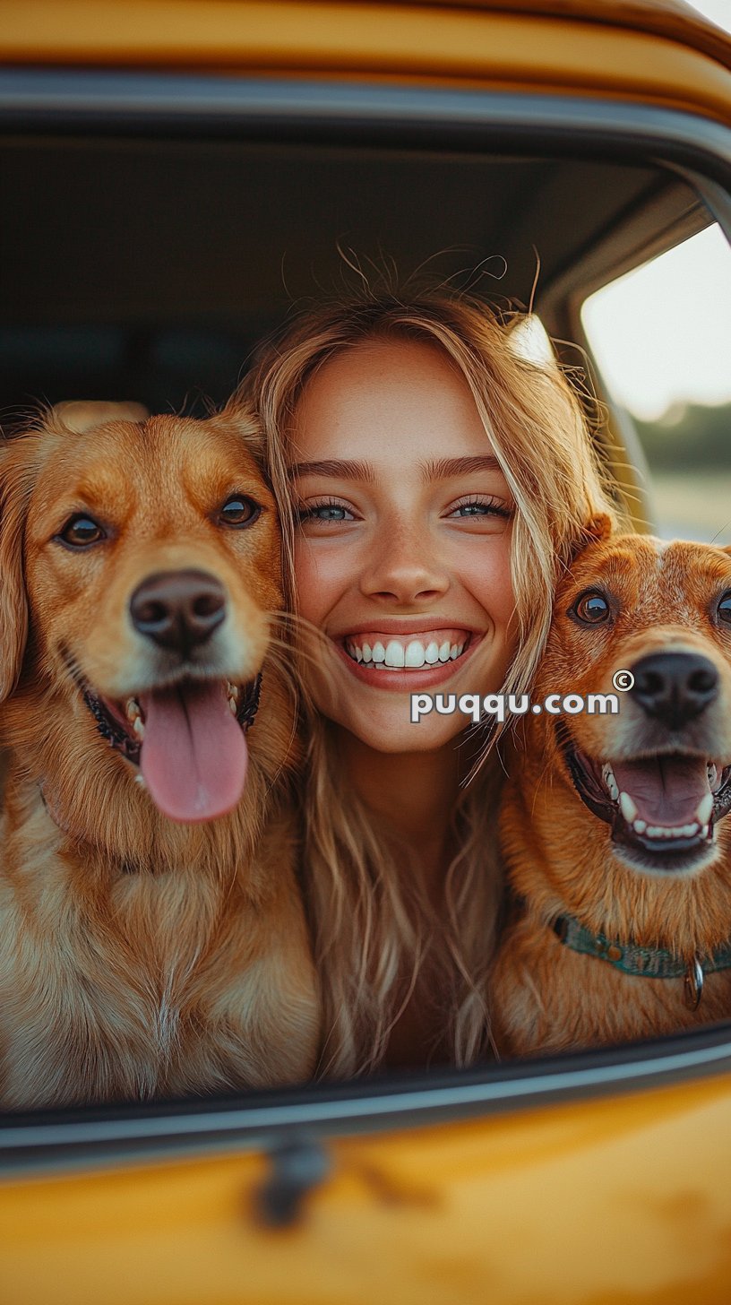 A smiling woman with two happy dogs looks out from the window of a yellow car.