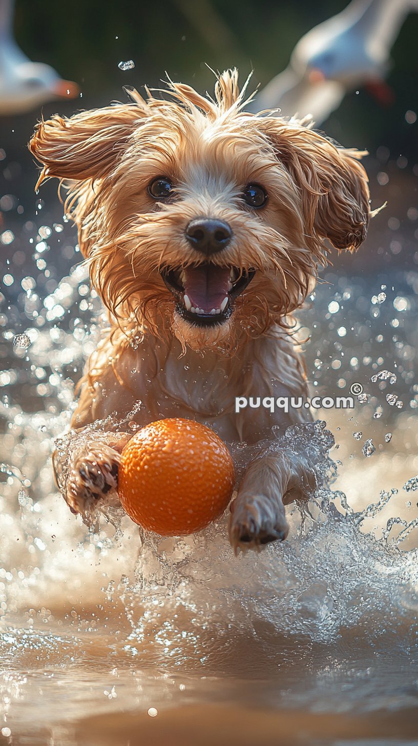 A happy dog running through water, carrying an orange ball in its mouth, with droplets splashing around.